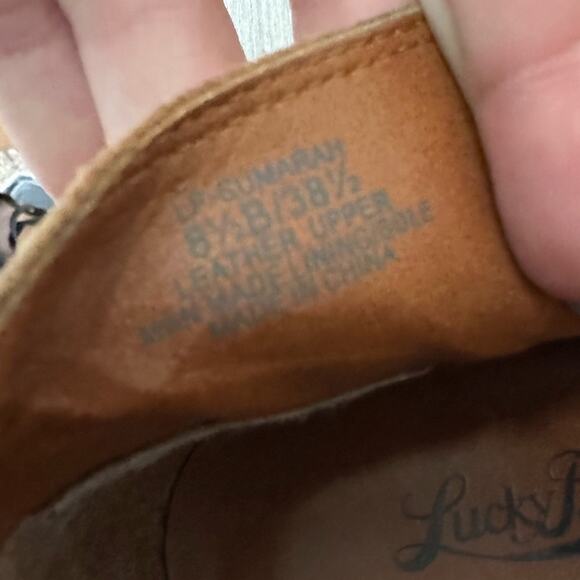 2/$25 Lucky Brand Sumarah Suede Wedge Booties Camel Tan Leather Size 8.5 Neutral - Picture 9 of 11